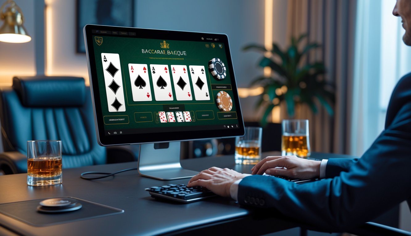 Seorang pemain profesional sedang menggunakan komputer dengan tampilan permainan baccarat online di ruang kerja modern yang rapi dan terang.