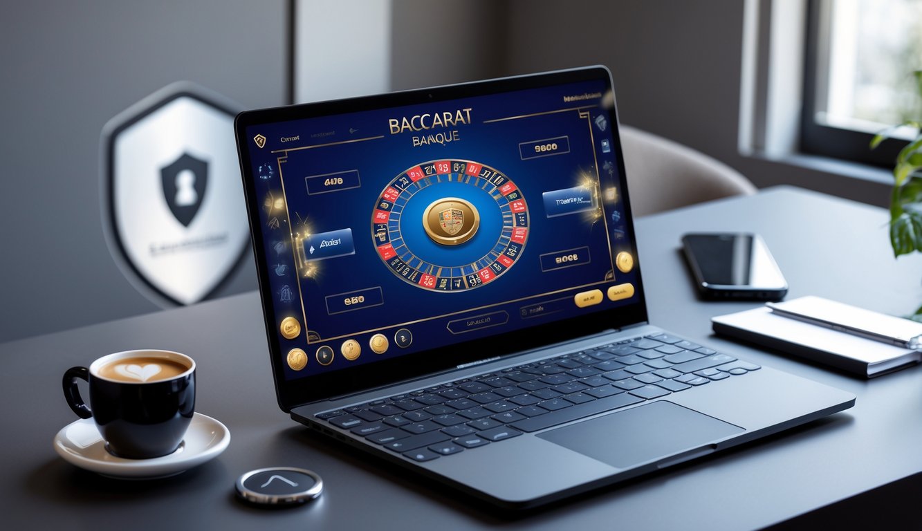 Seorang pengguna sedang bermain baccarat online di komputer dengan tampilan permainan yang jelas di layar, di meja kerja yang rapi dan terang.