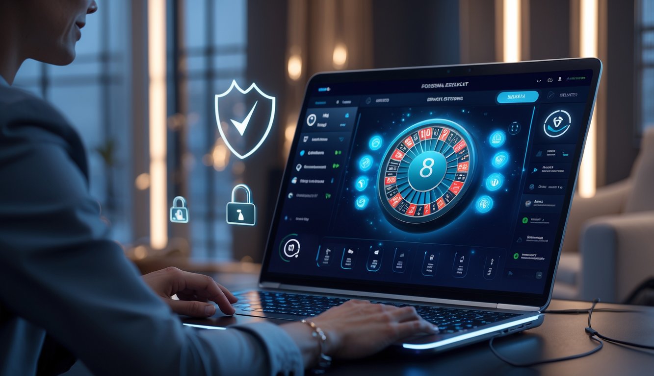 Seorang pemain sedang menggunakan komputer dengan tampilan permainan baccarat online yang modern dan mewah di lingkungan rumah atau kantor yang nyaman.