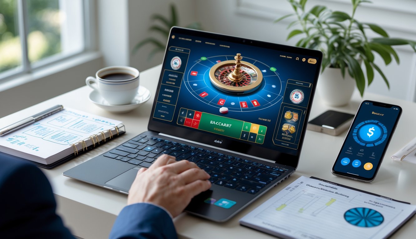 Seorang pria duduk di meja dengan laptop menampilkan permainan baccarat online, dikelilingi catatan strategi, kopi, dan ponsel dengan aplikasi perbankan.