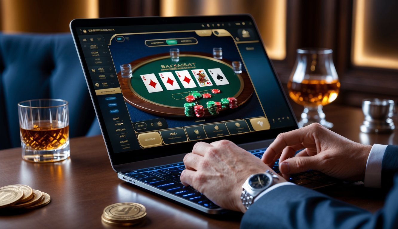Seseorang menggunakan laptop dengan permainan baccarat online di layar dalam ruangan yang elegan dan nyaman.
