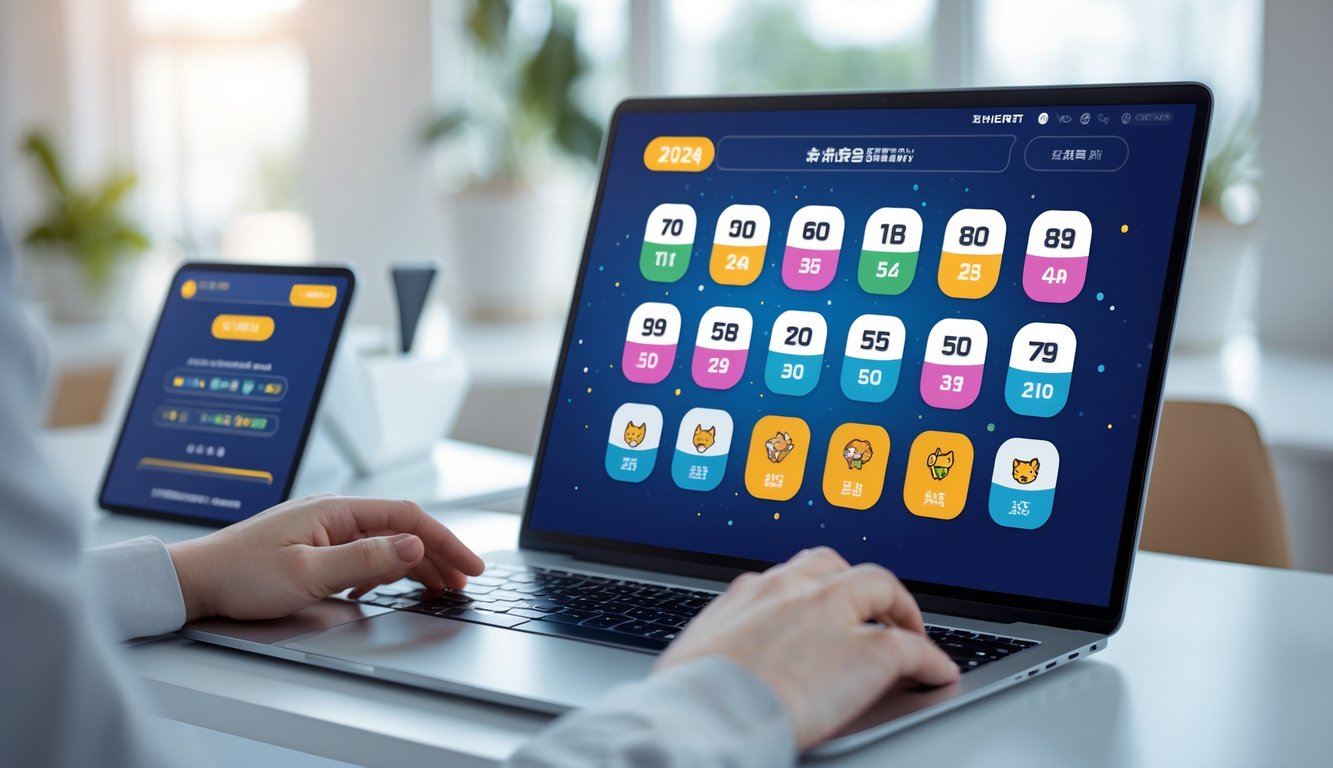 Seorang pengguna melihat layar laptop yang menampilkan antarmuka situs togel online dengan ikon hewan shio dan angka togel, di ruang kerja yang terang dan rapi.