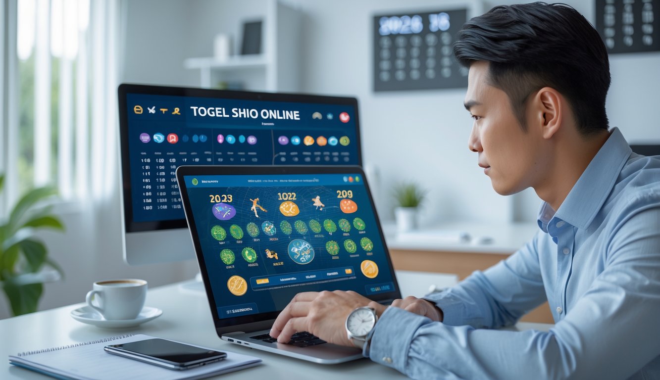 Seorang pria muda Asia duduk di meja modern dengan laptop, fokus melihat data angka dan simbol shio, di ruang kerja yang rapi dan terang.
