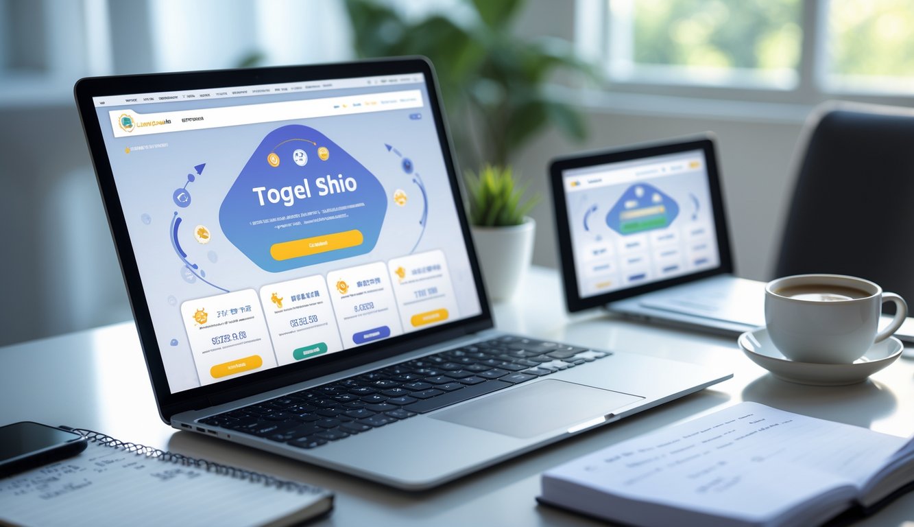 Meja kerja dengan laptop, ponsel, dan secangkir kopi yang menampilkan antarmuka permainan togel online.
