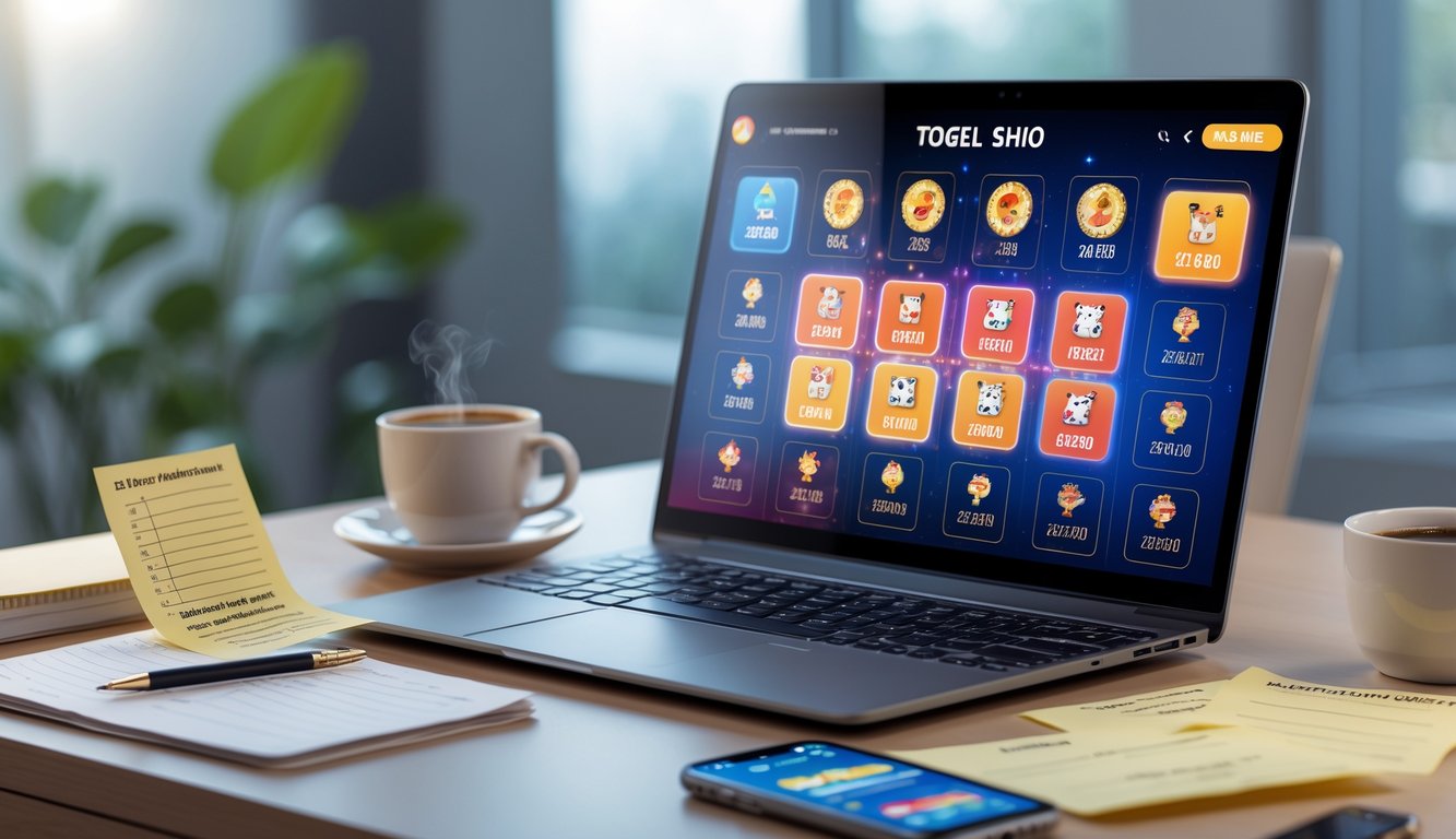 Meja kerja modern dengan laptop menampilkan ikon hewan shio dan perangkat digital lainnya, menunjukkan suasana permainan togel online.