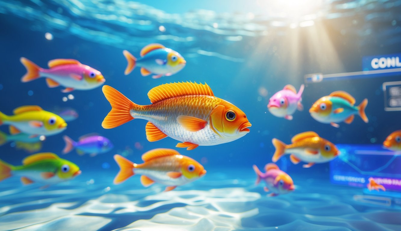 Pemandangan bawah laut dengan berbagai ikan berwarna-warni berenang di air jernih yang diterangi sinar matahari.