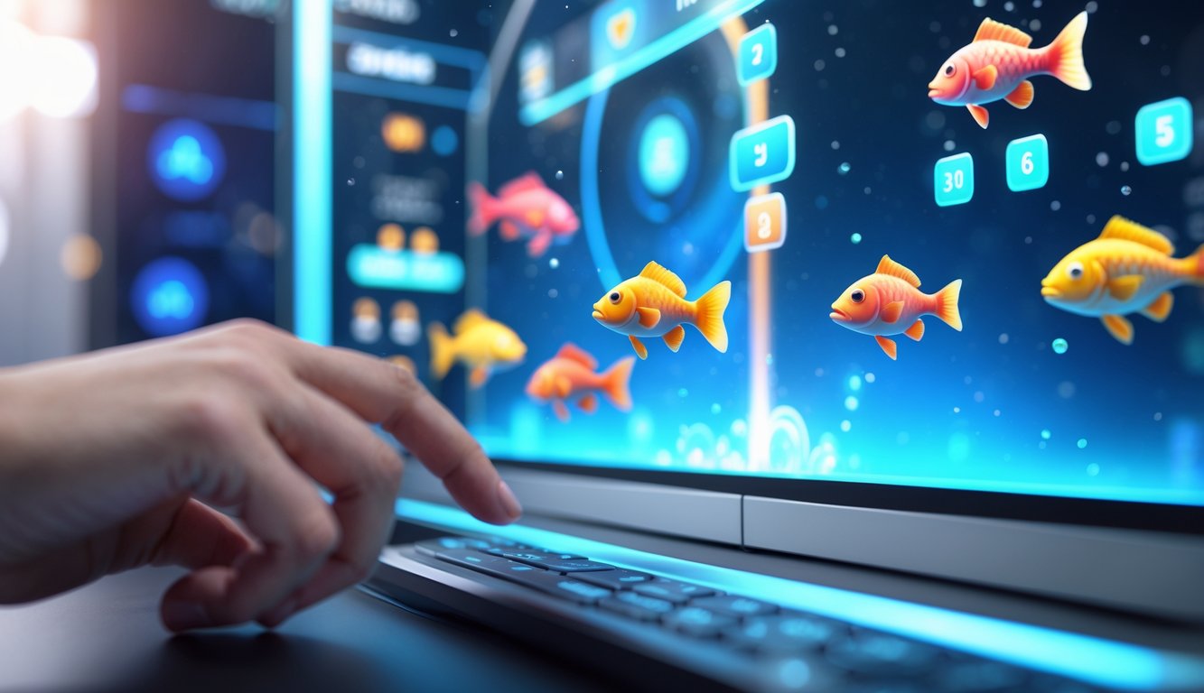 Seseorang menggunakan perangkat digital untuk bermain permainan menembak ikan 3D dengan ikan berwarna-warni di layar.