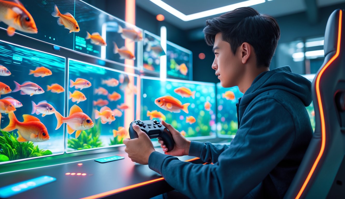Seorang pemain muda sedang bermain game tembak ikan 3D di sebuah ruangan gaming modern dengan layar digital yang menampilkan ikan-ikan berwarna-warni di bawah laut.