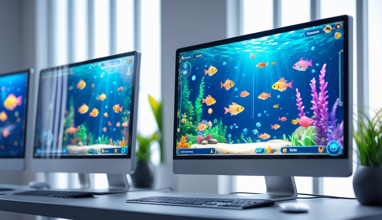 Tampilan layar komputer menampilkan permainan tembak ikan 3D dengan grafis bawah laut yang berwarna-warni.