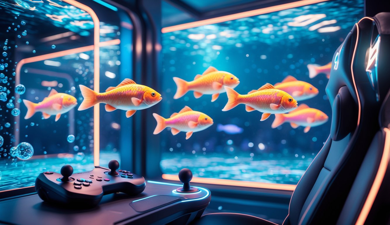 Adegan permainan menembak ikan 3D online dengan ikan berwarna-warni di layar dan konsol permainan futuristik di lingkungan arcade modern.