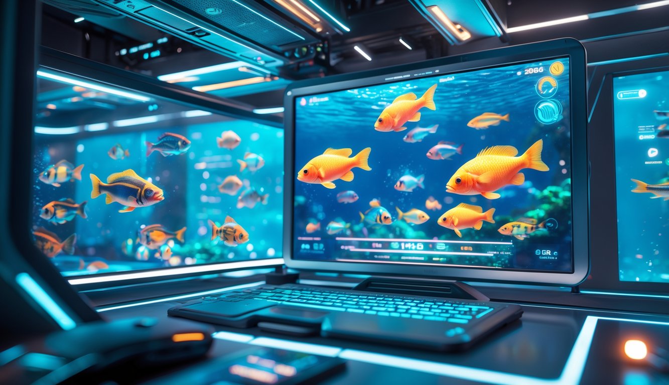 Tampilan permainan tembak ikan 3D online dengan grafik ikan berwarna-warni dan layar holografik di lingkungan bertema bawah laut.