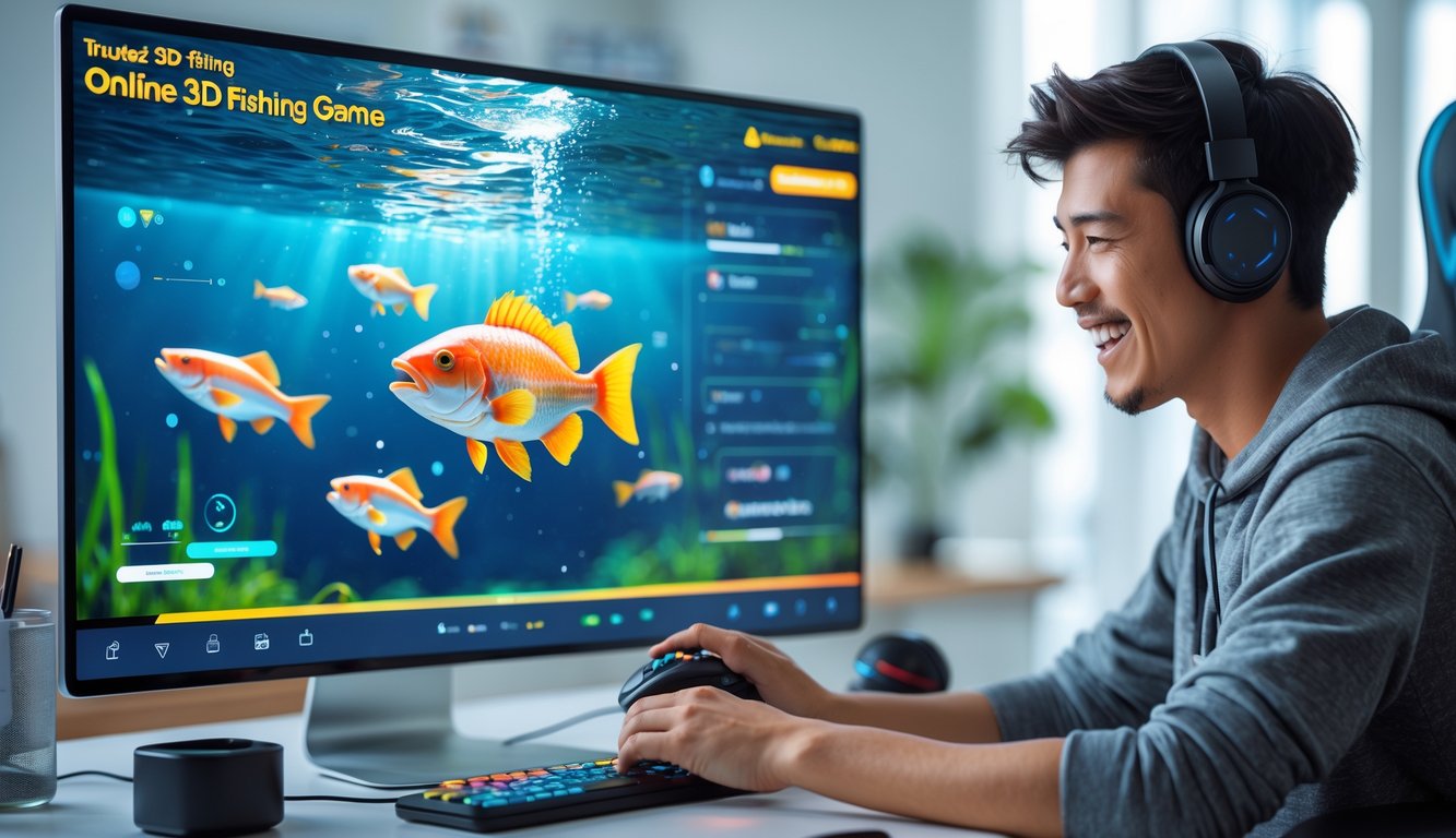 Seorang pemain muda yang fokus dan senang sedang bermain game memancing 3D di layar komputer dengan ikan warna-warni berenang di latar bawah laut.
