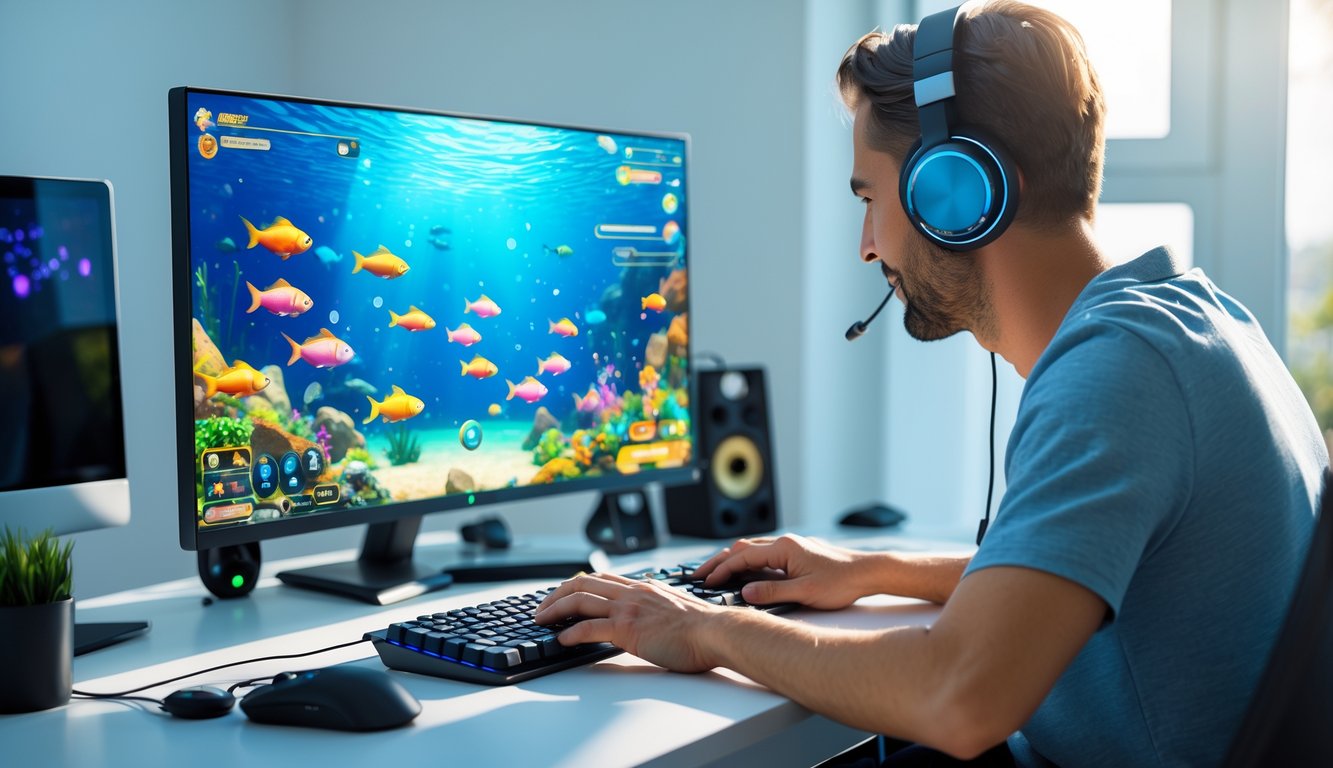 Seorang pemain dewasa fokus bermain permainan tembak ikan 3D online di komputer dengan latar belakang ikan-ikan berwarna-warni di layar.