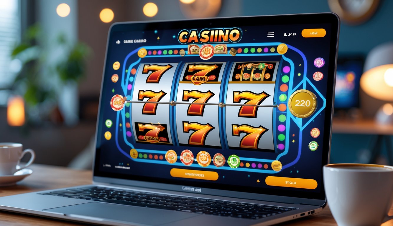 Seorang pengguna sedang bermain mesin slot klasik di laptop di dalam ruangan dengan pencahayaan hangat dan suasana nyaman.