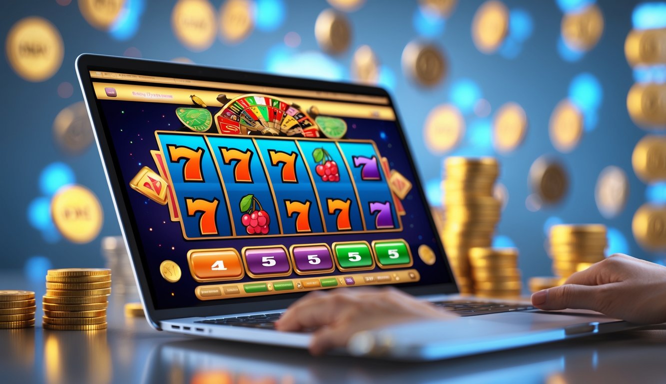 Sebuah layar komputer menampilkan permainan mesin slot klasik dengan simbol buah dan angka tujuh, di latar belakang suasana kasino online yang tenang dan profesional.
