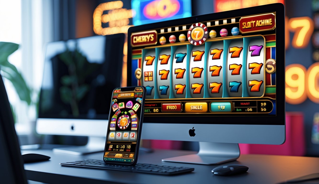 Sebuah komputer dan ponsel menampilkan permainan mesin slot retro dengan simbol klasik di meja kerja modern.