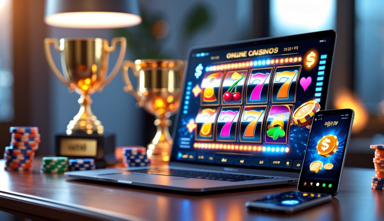 Layar laptop dan ponsel menampilkan permainan slot retro dengan simbol klasik, di atas meja kayu di ruang kerja yang nyaman.