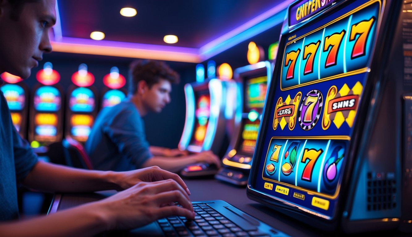 Seorang pemain muda sedang bermain mesin slot retro secara online di depan layar komputer di ruangan permainan yang terang dan modern.