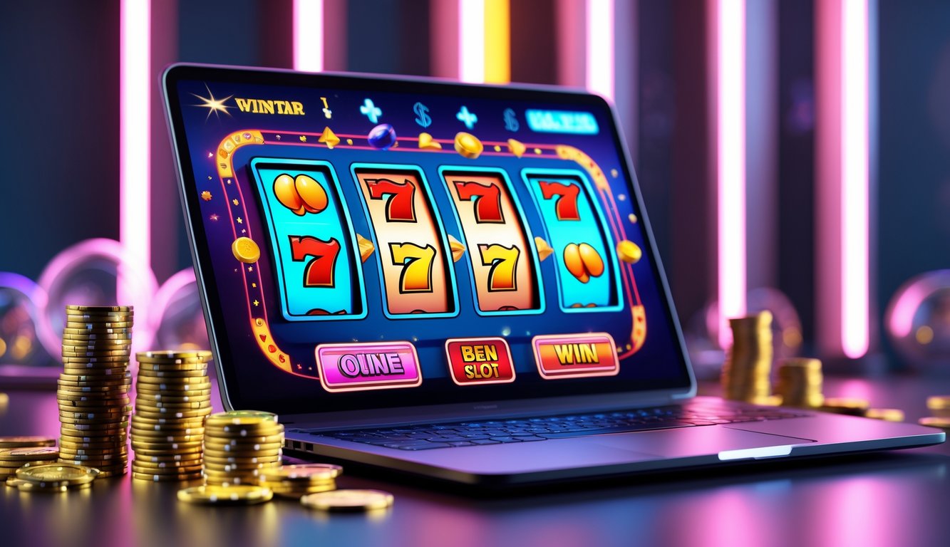 Layar komputer menampilkan permainan mesin slot klasik dengan simbol tradisional dan koin emas di sekitarnya.