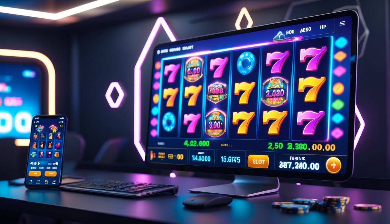 Sebuah layar komputer menampilkan permainan mesin slot online dengan grafik warna-warni dan simbol jackpot, di sebuah ruangan dengan pencahayaan neon yang modern.