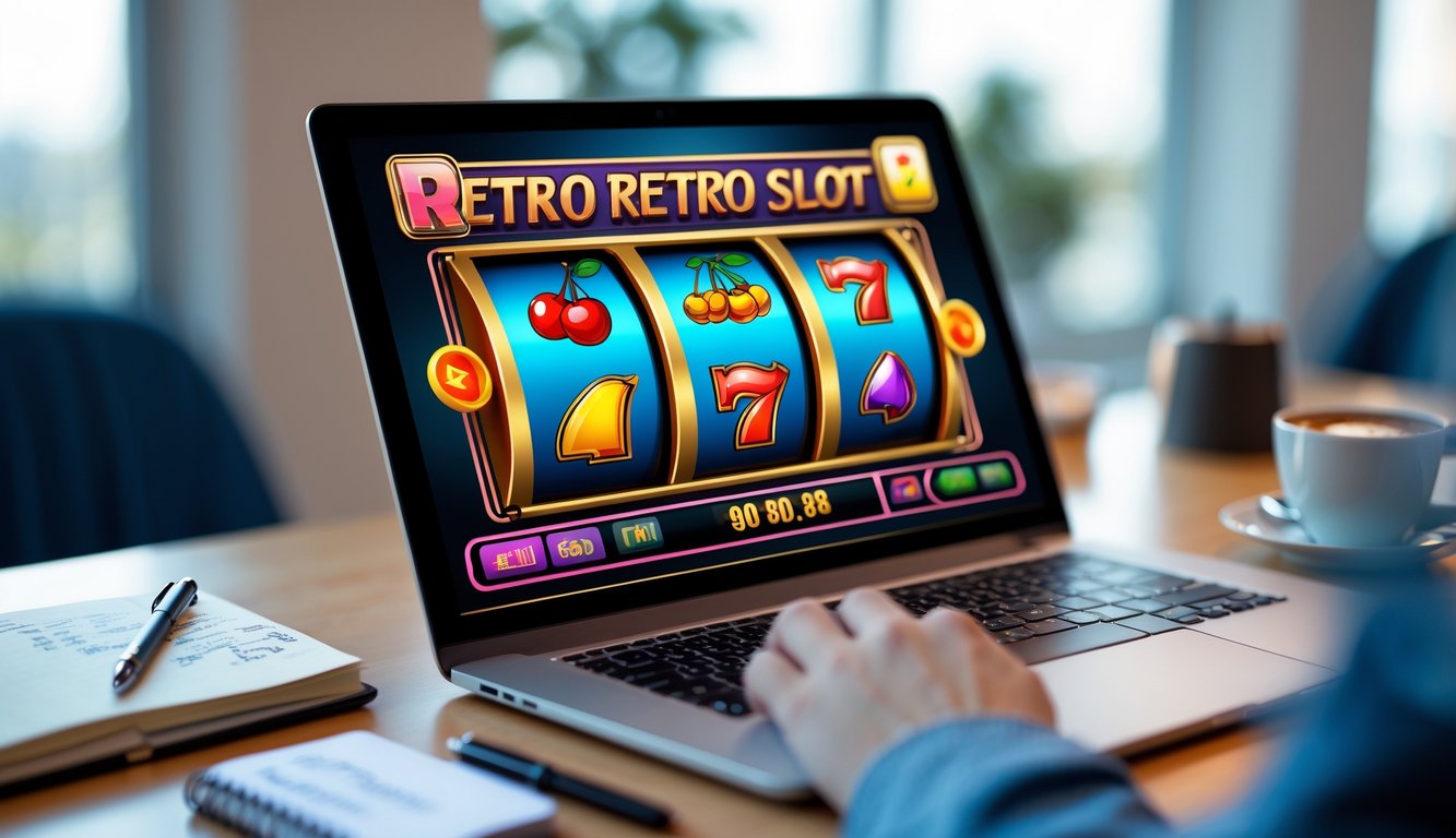 Sebuah meja kerja dengan komputer menampilkan permainan mesin slot klasik, dilengkapi dengan buku catatan dan cangkir kopi.