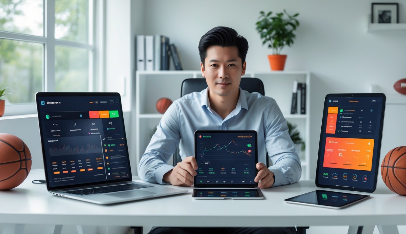 Seorang dewasa muda duduk di meja dengan beberapa perangkat digital menampilkan antarmuka taruhan olahraga, di ruang kerja rumah yang terang dan rapi.