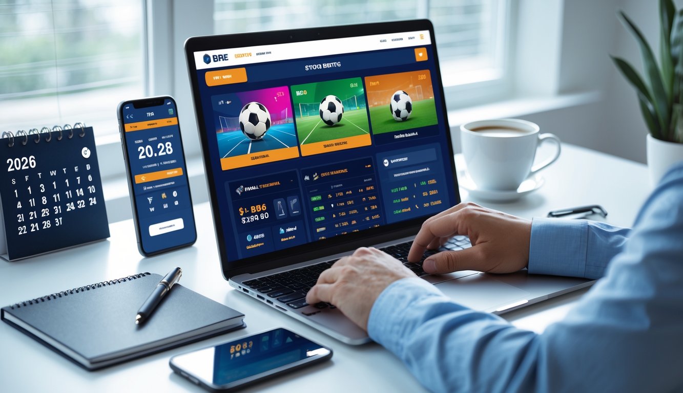 Seseorang sedang menggunakan laptop dan ponsel untuk taruhan olahraga online di meja kerja yang rapi dan terang.