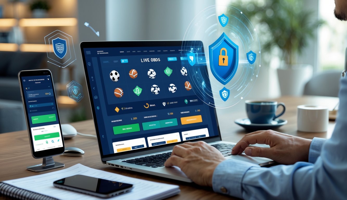 Seseorang sedang menggunakan laptop di meja kerja dengan tampilan situs taruhan olahraga online dan elemen keamanan digital di latar belakang.