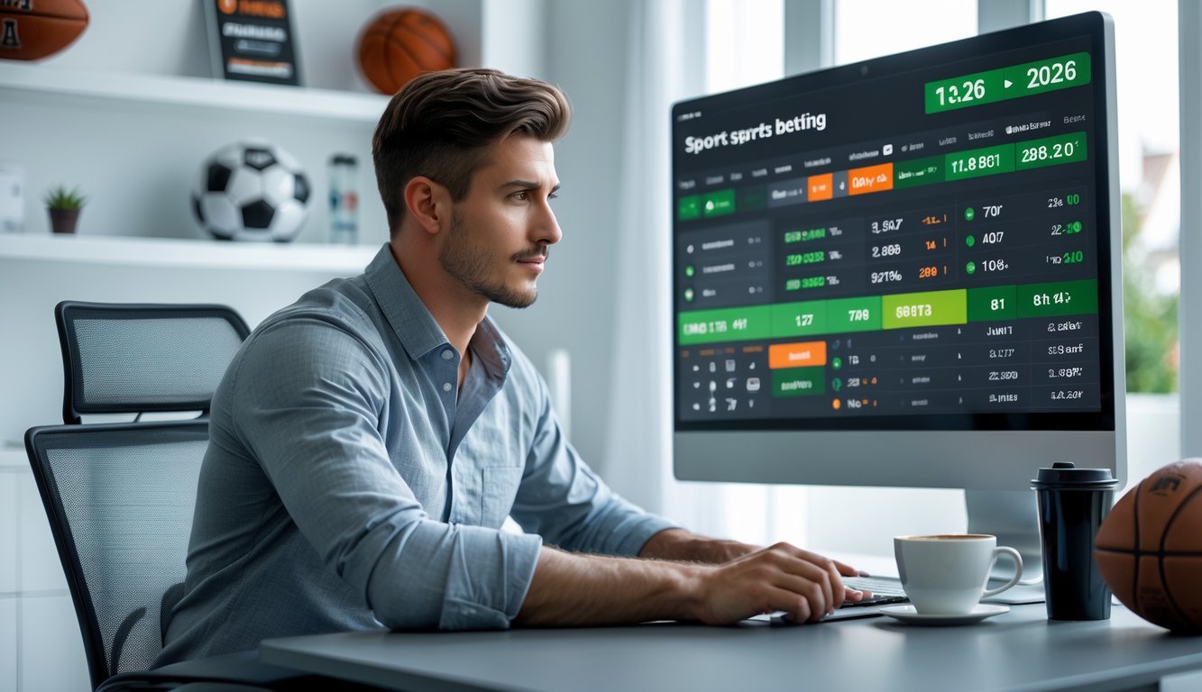 Seorang pria muda duduk di depan komputer dengan layar menampilkan statistik olahraga dan peluang taruhan, di ruang kerja rumah yang rapi dan terang.