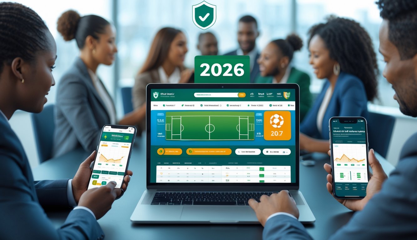 Beberapa orang menggunakan perangkat digital untuk memasang taruhan olahraga online dengan tampilan grafis olahraga populer di layar.