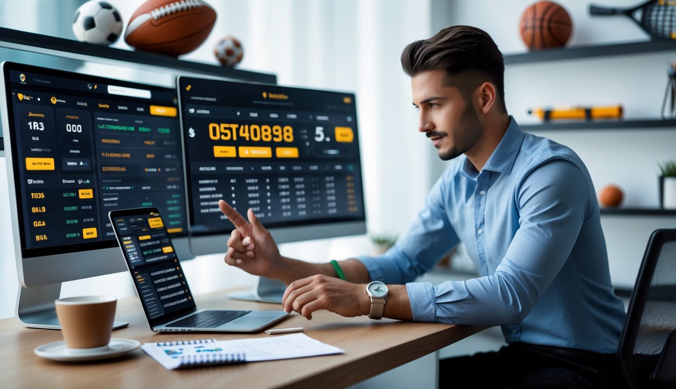 Seorang dewasa muda sedang menggunakan komputer dan ponsel di meja kerja dengan tampilan statistik olahraga dan aplikasi taruhan online, di sekitar terdapat perlengkapan olahraga dan alat tulis.