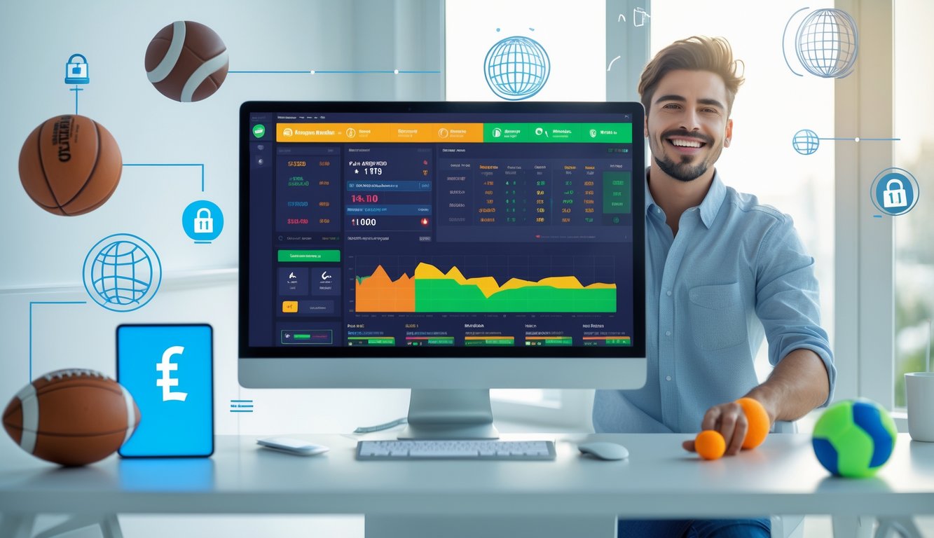 Seorang dewasa muda yang tersenyum sedang menggunakan komputer dengan tampilan antarmuka taruhan olahraga online di meja kerja modern.