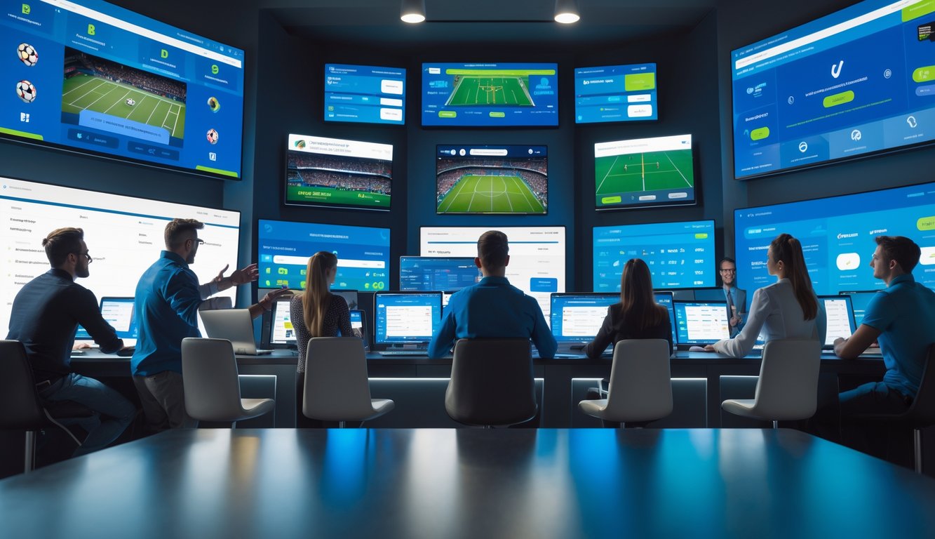 Sekelompok penggemar olahraga yang antusias melihat layar digital besar menampilkan berbagai pertandingan olahraga, dengan perangkat teknologi modern di sekitar mereka dalam ruangan yang terang dan nyaman.