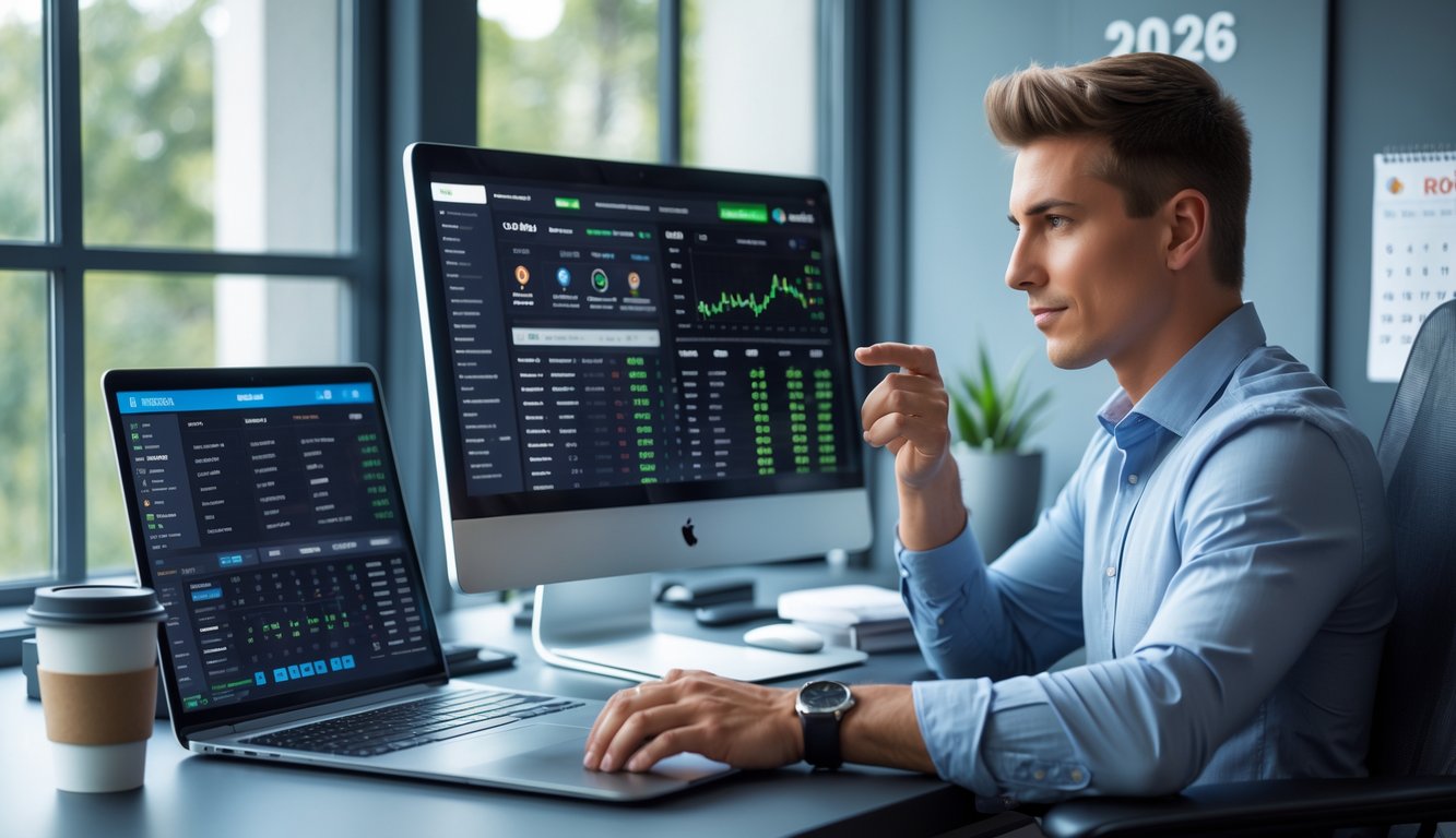 Seorang pria muda duduk di meja kerja modern dengan beberapa perangkat digital menampilkan statistik dan skor olahraga, terlihat fokus menganalisis data.