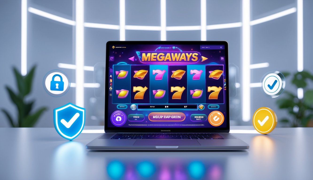 Seorang pemain menggunakan komputer dengan tampilan permainan slot Megaways yang berwarna-warni dan elemen keamanan di sekitarnya.