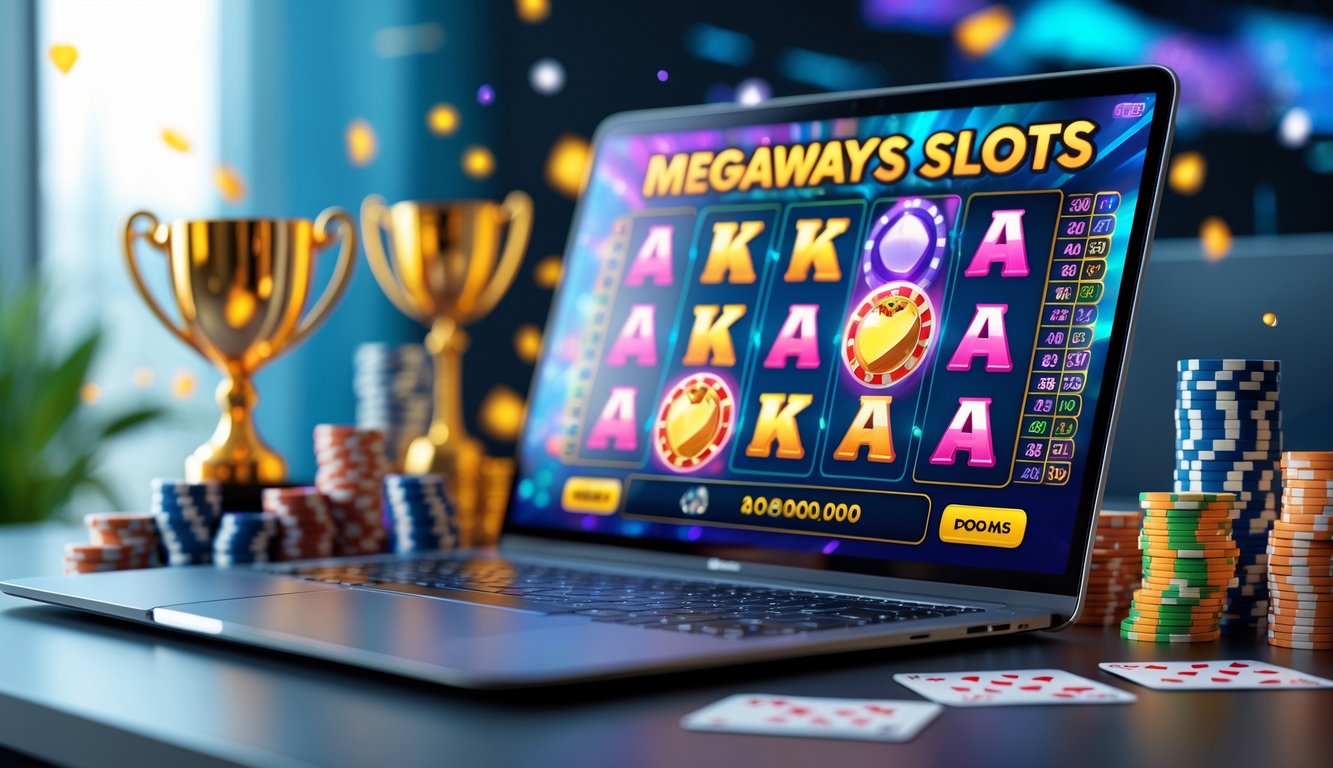 Sebuah meja kerja dengan komputer menampilkan permainan slot Megaways berwarna-warni, dikelilingi oleh chip kasino dan trofi emas.