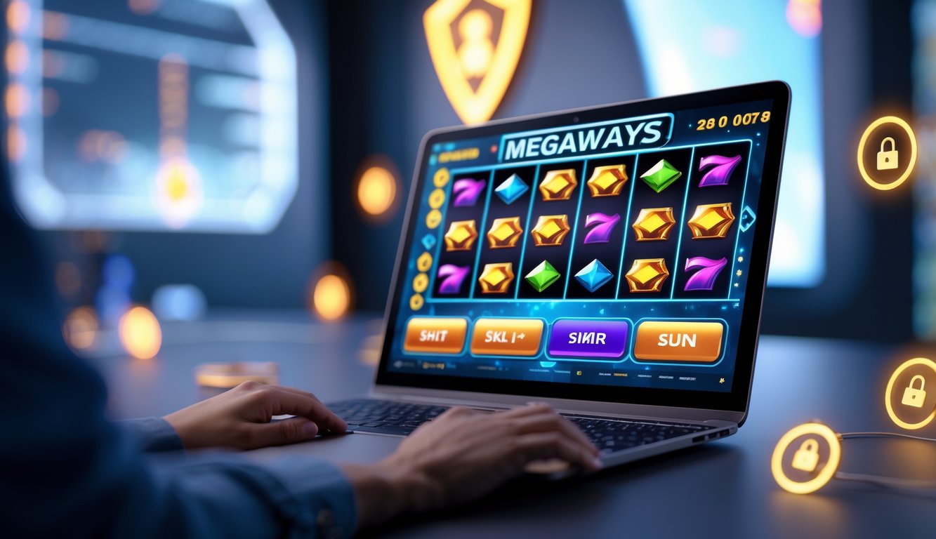 Sebuah layar komputer menampilkan permainan slot Megaways dengan simbol warna-warni dan latar belakang teknologi modern yang menunjukkan suasana permainan daring yang terpercaya dan menarik.