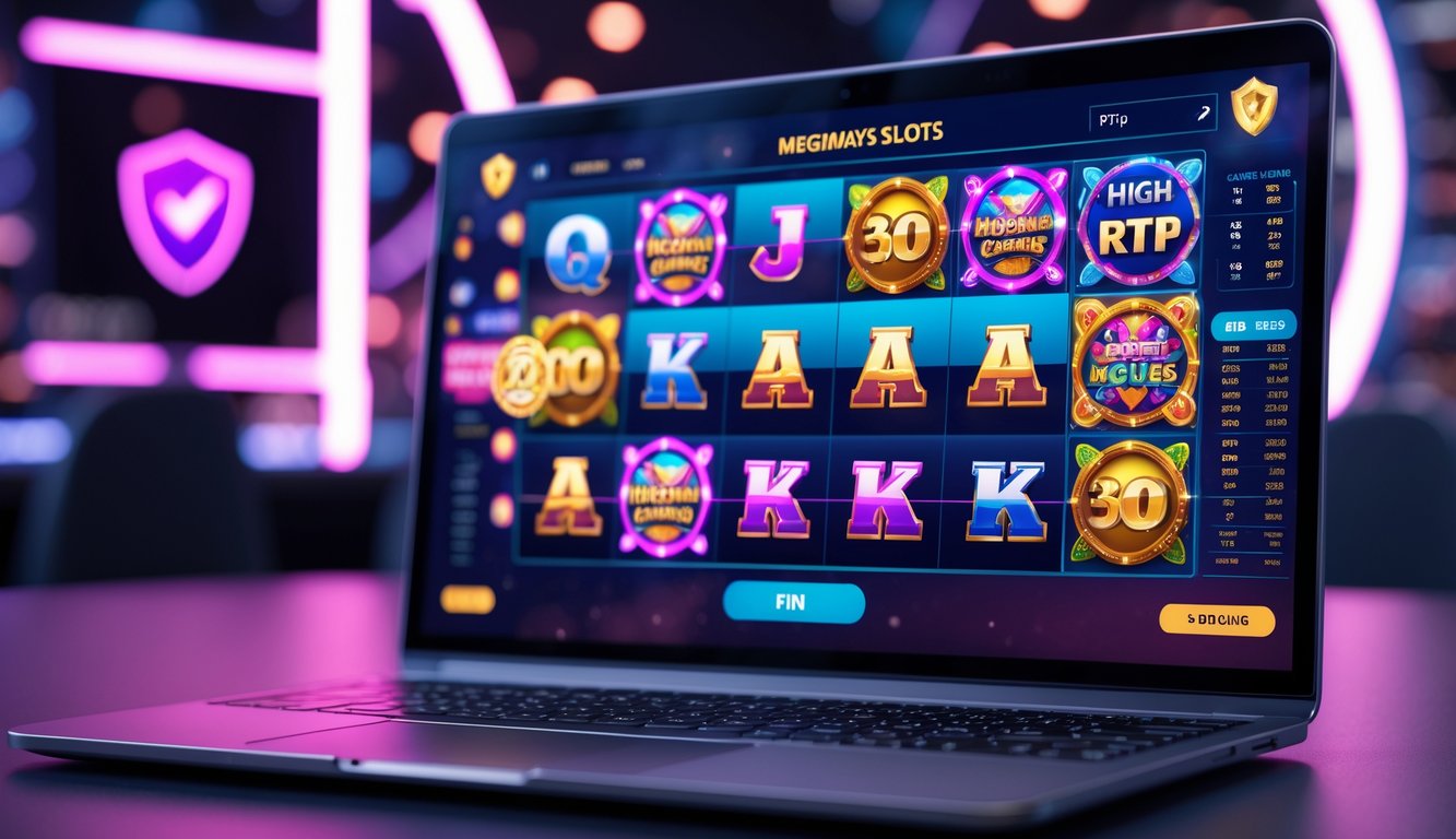 Layar laptop menampilkan permainan slot online dengan grafis warna-warni di lingkungan permainan yang modern dan terang.