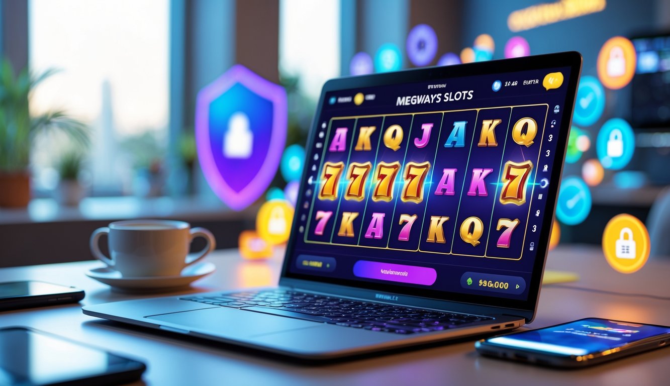 Seorang pemain sedang menggunakan komputer dengan permainan slot online Megaways yang berwarna-warni di layar, dikelilingi oleh suasana ruang kerja yang rapi dan nyaman.