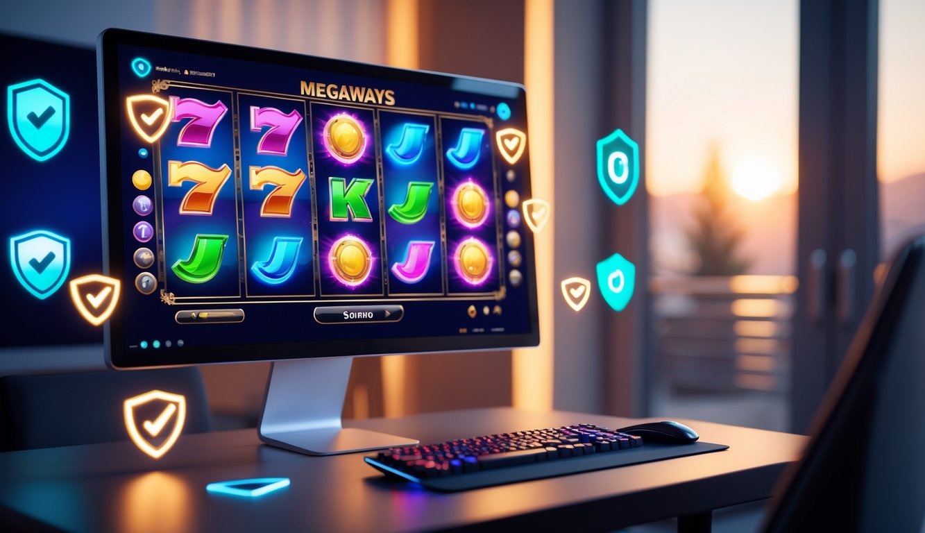 Sebuah meja dengan komputer yang menampilkan permainan slot Megaways berwarna-warni, dikelilingi oleh simbol keamanan dan latar belakang ruangan modern.