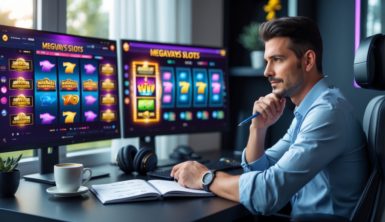 Seorang pria duduk di meja dengan beberapa layar komputer yang menampilkan permainan slot online, sambil mencatat strategi dengan ekspresi fokus.