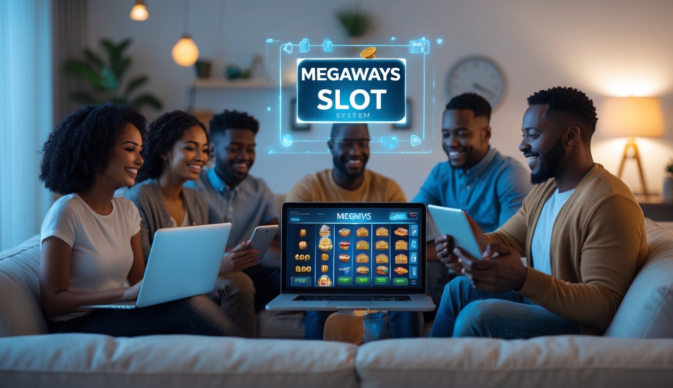 Sekelompok orang sedang bermain slot online bersama menggunakan berbagai perangkat digital di ruang tamu yang nyaman.