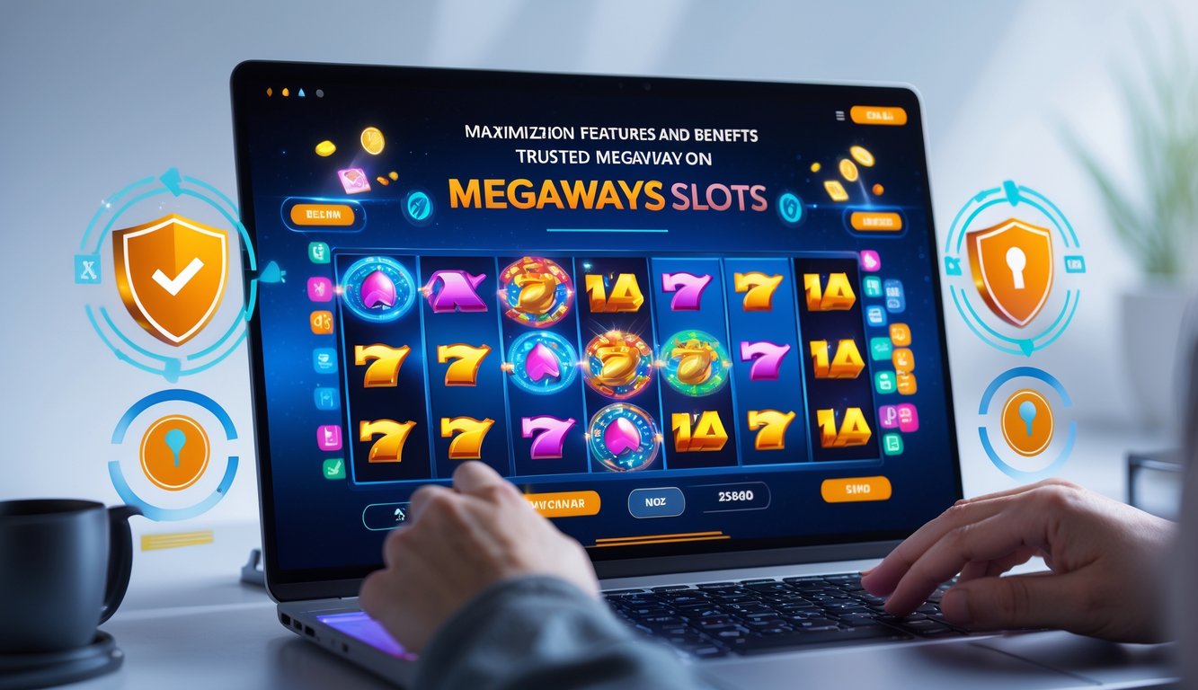 Seseorang menggunakan laptop dengan tampilan permainan slot Megaways yang berwarna-warni dan ikon keamanan di sekitarnya.