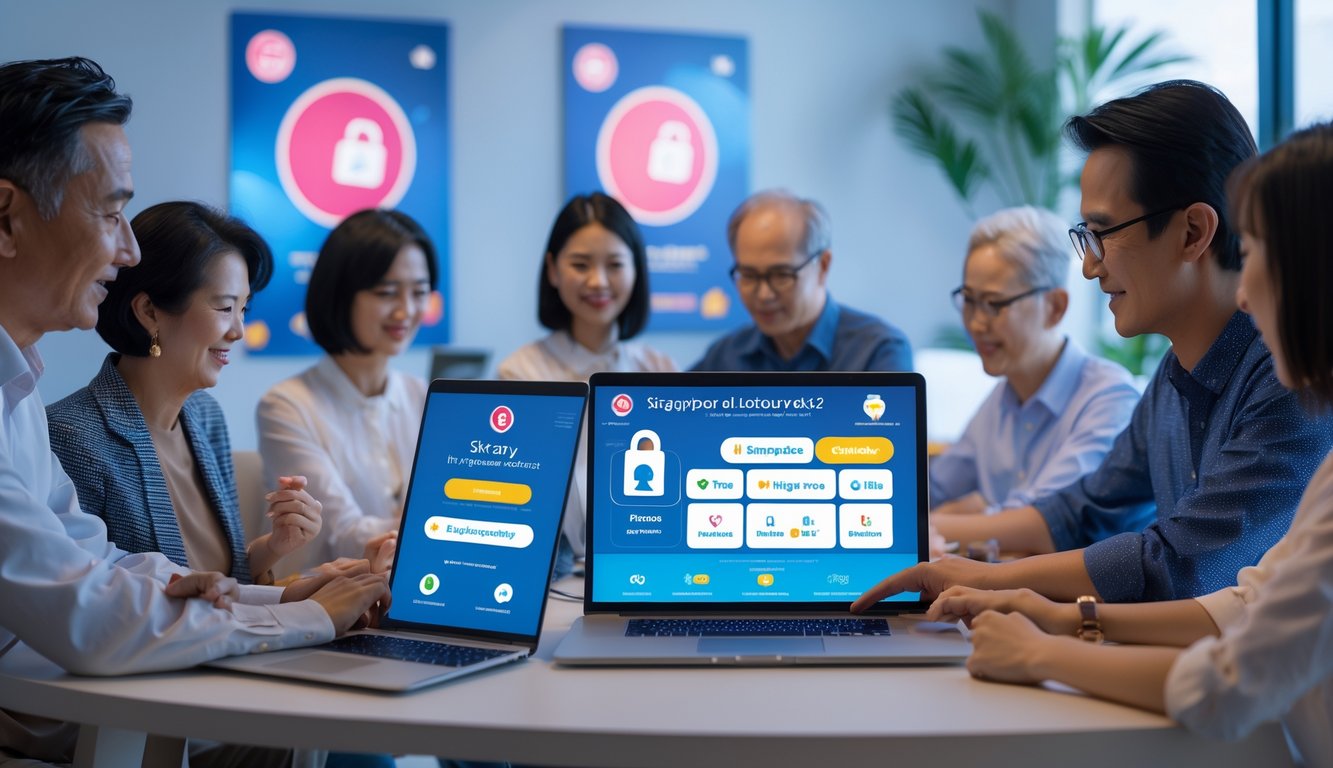 Beberapa orang dewasa menggunakan perangkat digital untuk bermain togel online di ruang kerja modern yang terang dan aman.