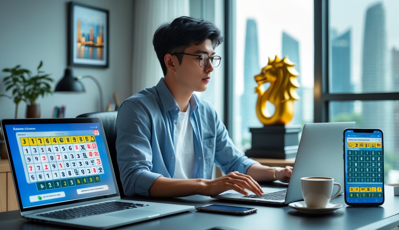 Seorang pria muda sedang duduk di meja kerja dengan laptop dan ponsel yang menampilkan permainan togel online, dengan latar belakang elemen yang menggambarkan Singapura.