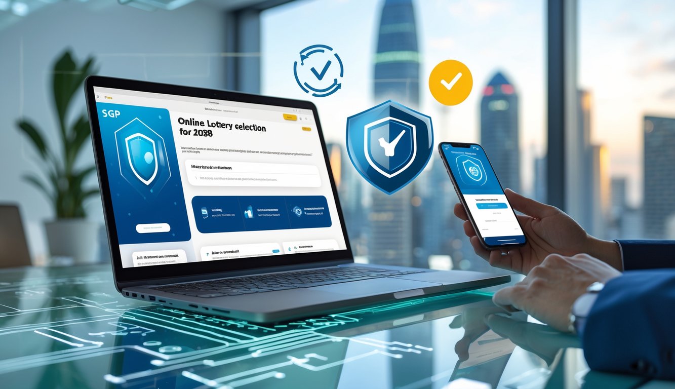 Meja kerja modern dengan laptop dan ponsel yang menampilkan situs togel online, tangan seseorang sedang menggunakan perangkat tersebut, latar belakang menunjukkan simbol keamanan dan teknologi.