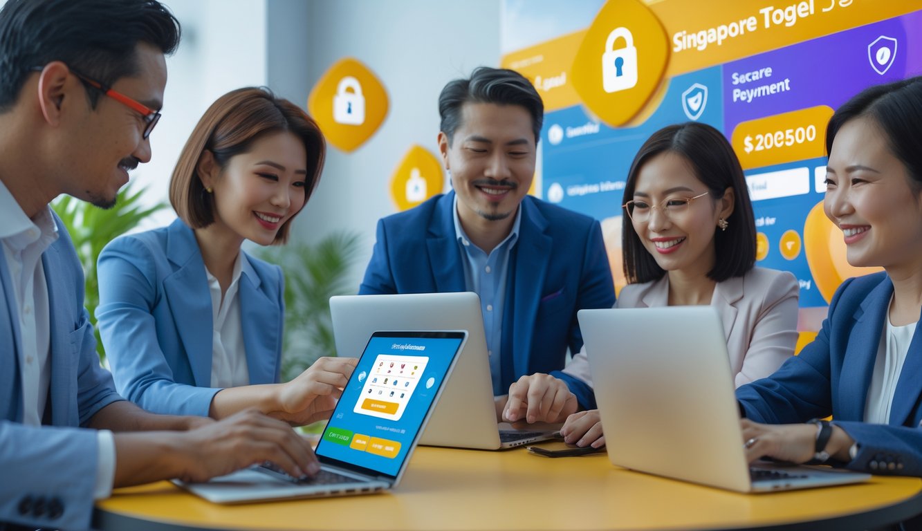 Sekelompok orang dewasa menggunakan perangkat digital untuk bermain togel online dengan suasana yang aman dan terpercaya.