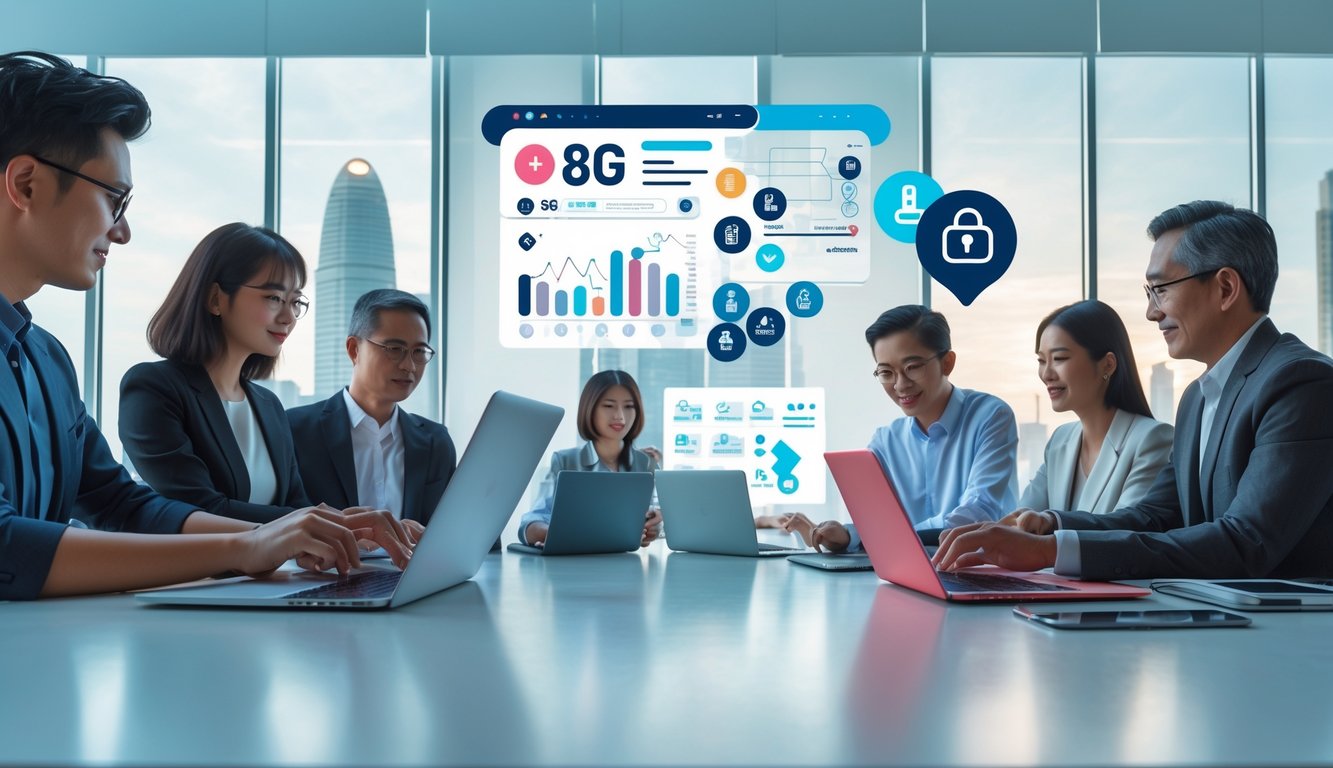 Beberapa orang menggunakan perangkat digital di kantor modern dengan latar belakang pemandangan kota Singapura.