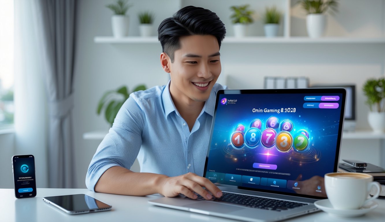 Seorang pria muda Asia Tenggara duduk di meja kerja dengan laptop, tersenyum melihat layar yang menampilkan permainan lotere online, di ruangan dengan pencahayaan alami.