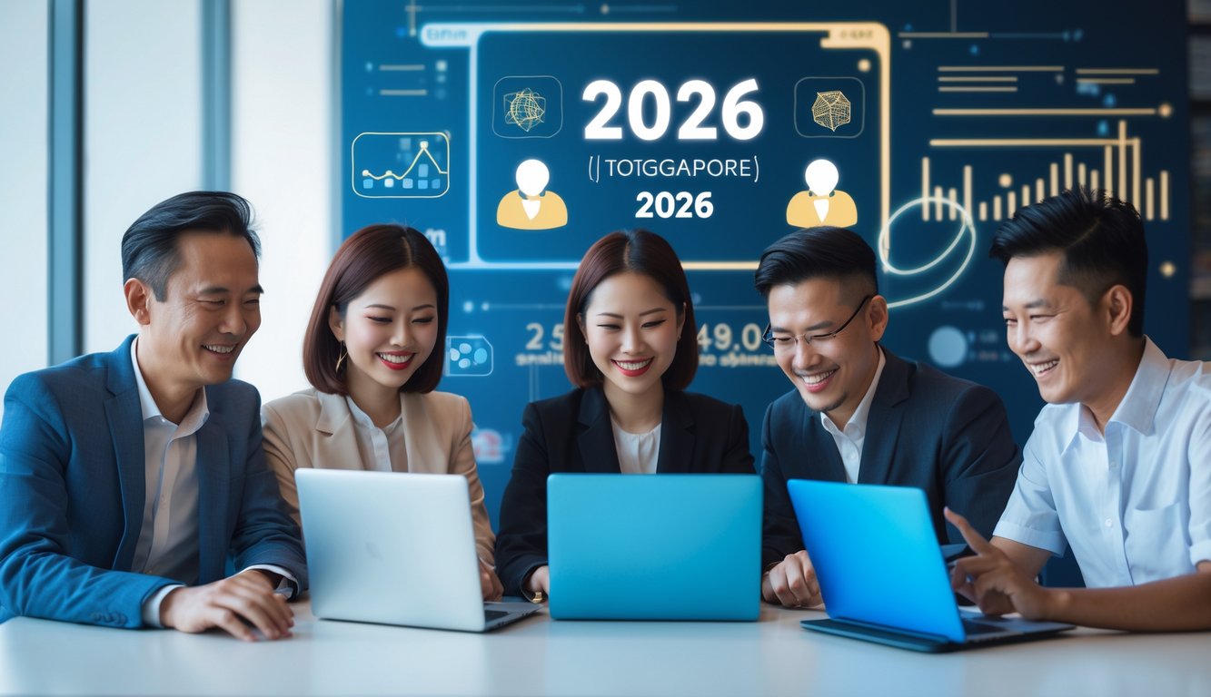 Beberapa orang dewasa menggunakan laptop dan ponsel di ruang kerja modern dengan suasana nyaman dan aman untuk bermain togel online.